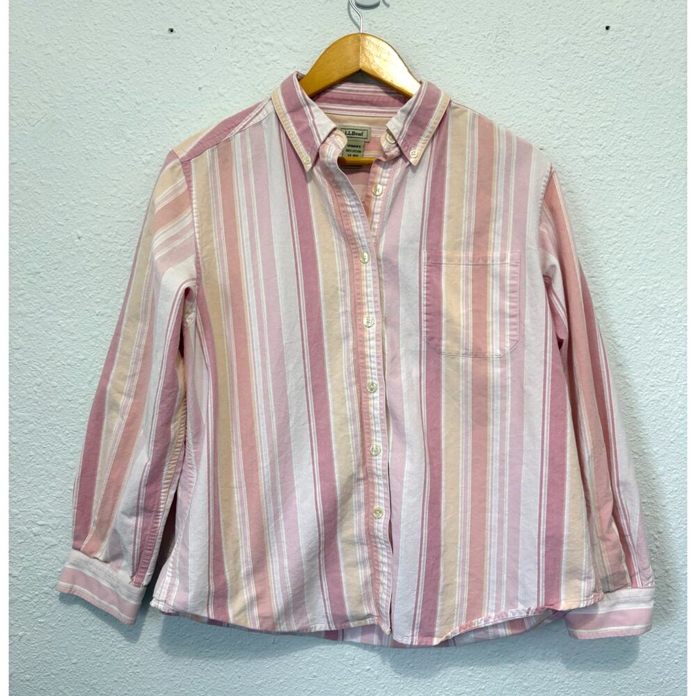 Vintage L.L. Bean Cotton Button Down Large Pink Yellow Stripe 90s Camp